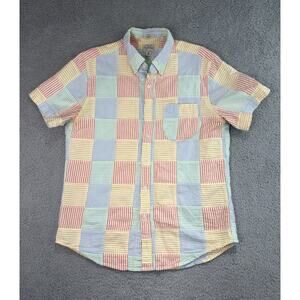 J Crew Patchwork Seersucker Organic Cotton Shirt Mens Medium Short Sleeve Preppy